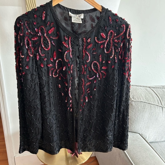 Jackets & Blazers - Silk Size L Red Black  Sequin Beaded Party Fairy Top Jacket Blazer Women Formal